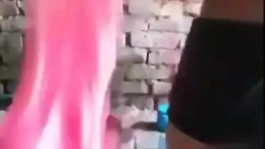 Modest Desi girl has no shower cabin but green bucket to wash herself